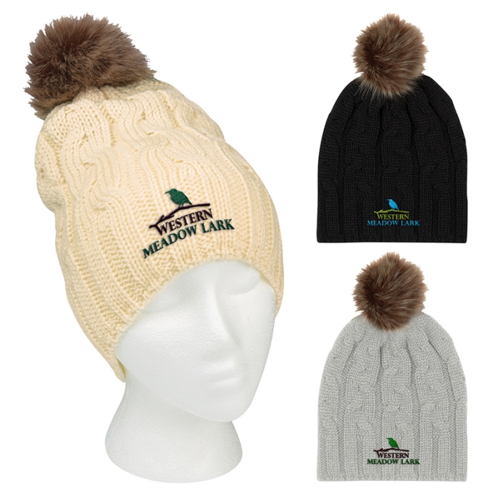 Custom Imprinted Cameron Cable Knit Pom Beanies