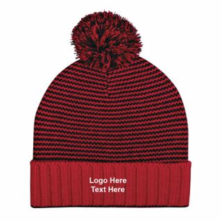 Printed Knit Pom Striped Beanie with Cuff
