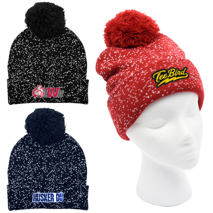 Custom Printed Speckled Pom Beanies with Cuff