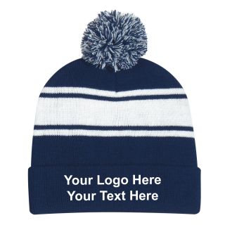 Printed Two-Tone Knit Pom Beanie with Cuff