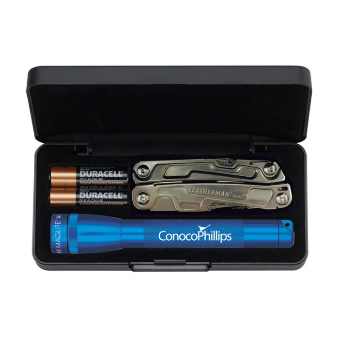 Personalized AA Mini Mag-Lite Flashlights with Leatherman Rev