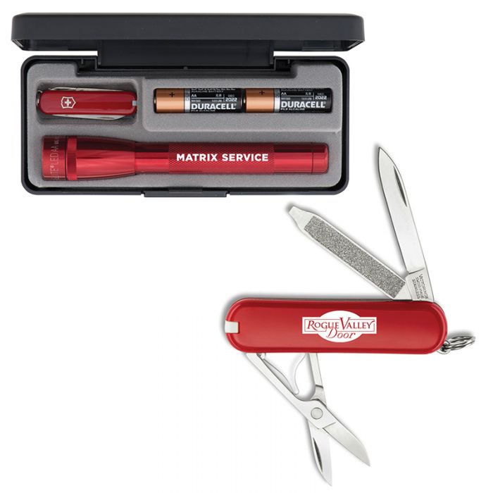 Customized AA LED Mini Mag-Lite Flashlights with Victorinox Classic Swiss Army Knife