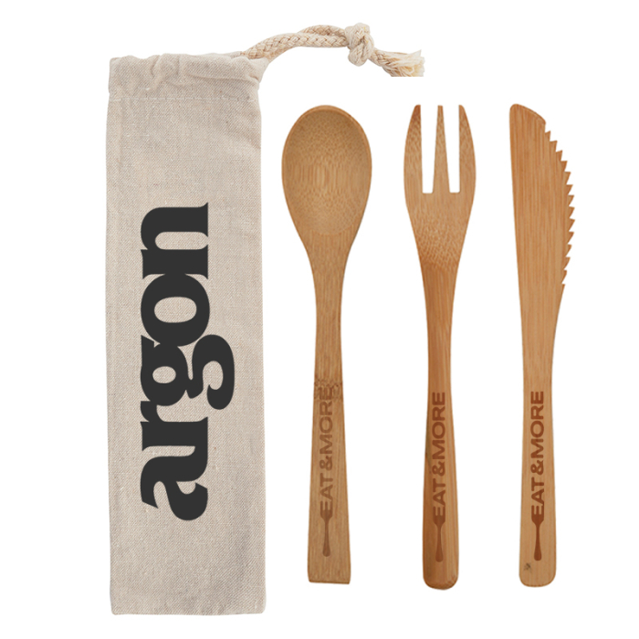 Custom Imprinted 3 Piece Bamboo Utensil Set In Travel Pouch