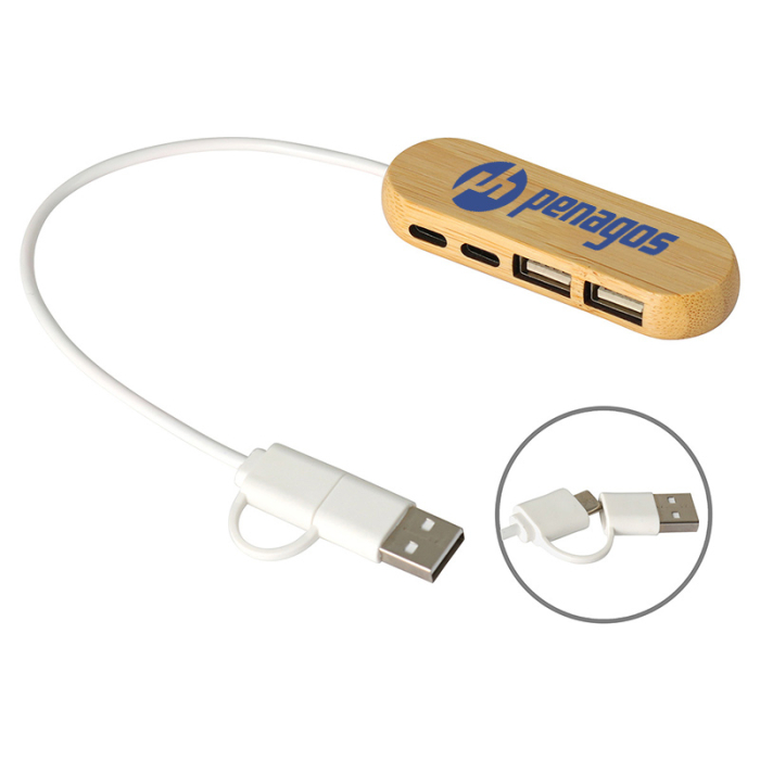 Personalized Bamboo Dual Port USB and TypeC Hubs 