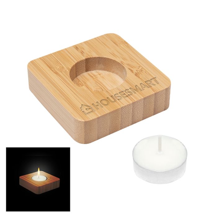 Custom Printed Bamboo Tea Light Candle Holder with Candles
