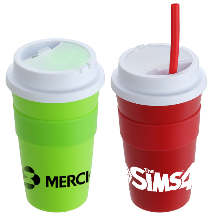Custom Printed Bistro 14 Oz Coffee Cups with Silicone Sleeves and Straws