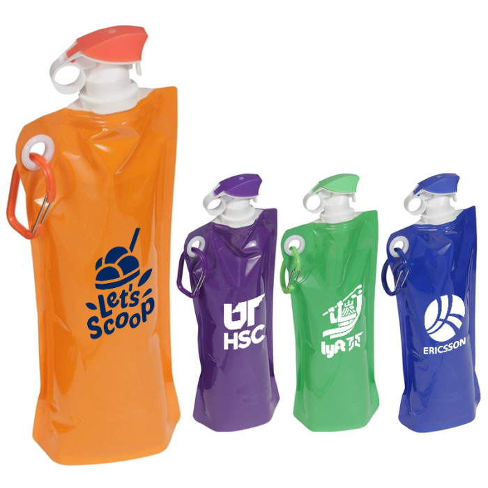 27 Oz Customized Flip Top Folding Water Bag with Carabiner Clip