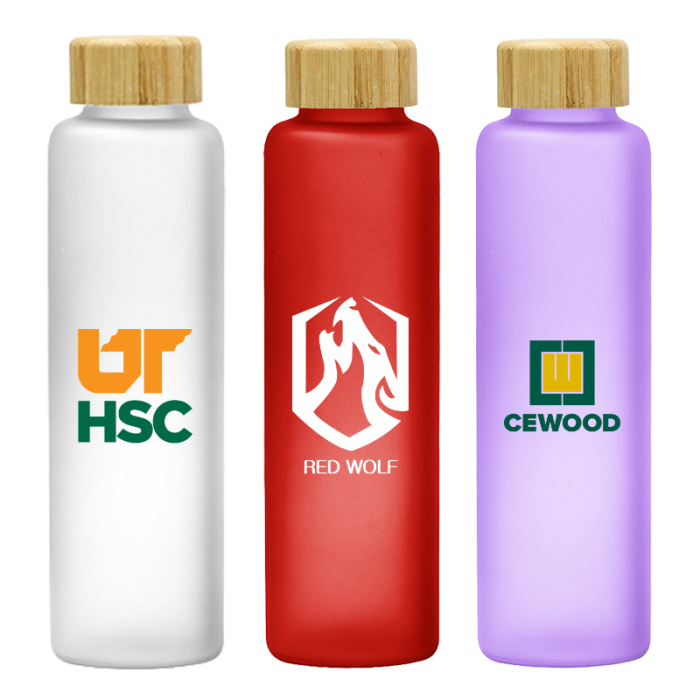 Custom Printed 20 Oz Belle Glass Bottle with Bamboo Lids