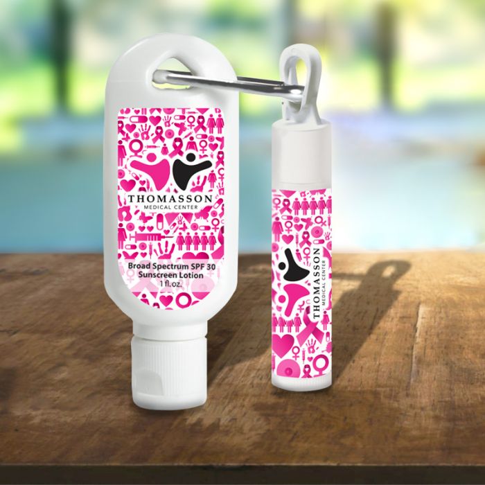 Custom Printed SPF30 Sunscreen Lotions with Carabiner and SPF15 Lip Balms