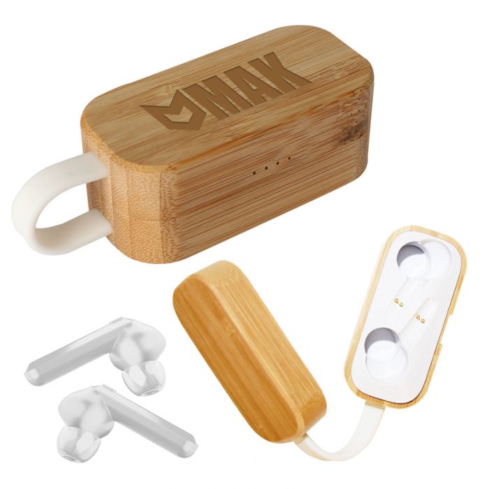 Custom Printed Tws Earbuds in Bamboo Charging Case