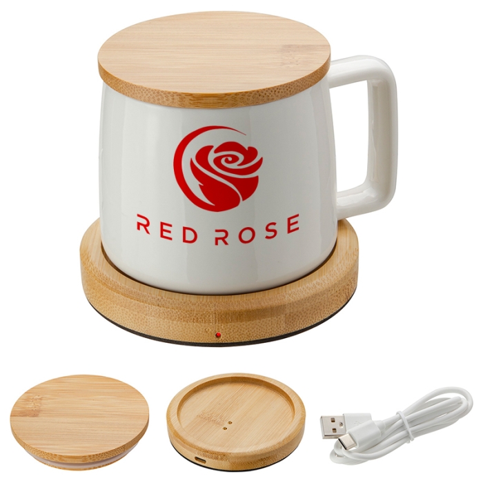 Custom Bamboo Mug Warmers with 8 Oz Ceramic Mugs