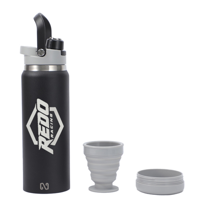 Promotional NAYAD® Crusade 28 Oz Stainless Steel Double-Wall Bottles with Foldable Handles & Hidden Cups
