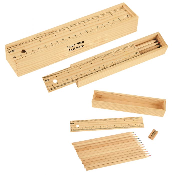Custom Printed Colored Pencil Set In Wooden Ruler Box