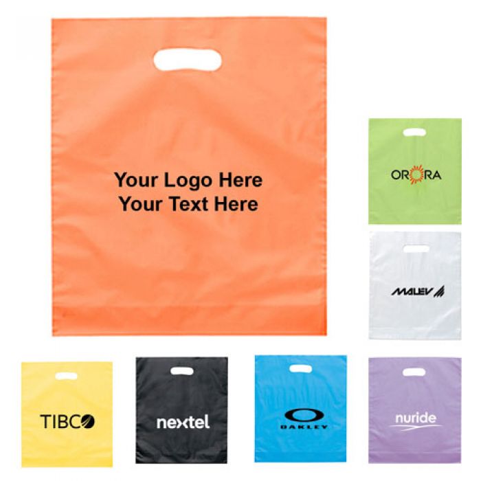 15 x 18 x 4 Logo Imprinted Plastic Bags with Die Cut Handles